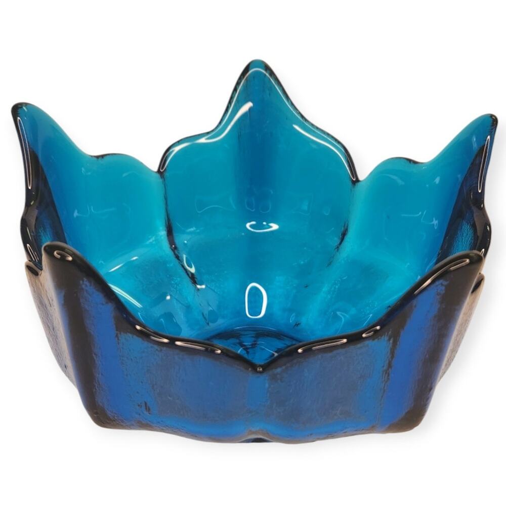 Vintage MCM Viking Art Blue Glass 5 Point Lotus Flower Bowl Dish 6.5" MINT Cond